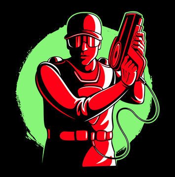 Lasertag player, man with the ammunition and laser tag gun, vector image. 