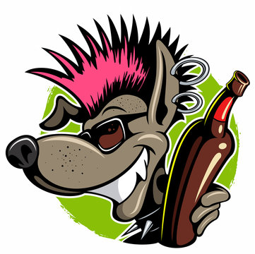 Cartoon, Punk Rock Style Dog With The Beer Bottle, Vector Image.