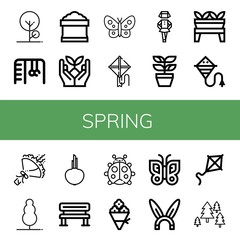 Set of spring icons such as Tree, Monkey bars, Potting soil, Sprout, Butterfly, Kite, Irish, Plant, Bouquet, Onion, Bench, Ladybug, Flower bouquet, Rabbit, Forest , spring