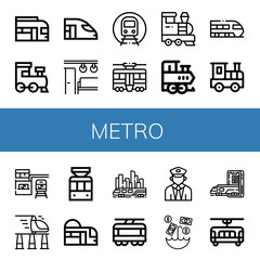Set of metro icons such as Train, High speed train, Electric train, Subway, Tram, Railroad, station, Tramway, Skytrain, Umbrella , metro