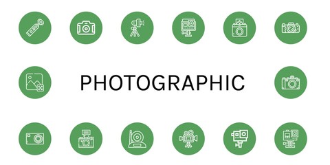 Set of photographic icons such as Action camera, Camera, Studio lighting, Instant camera, Compact Cinema Image , photographic