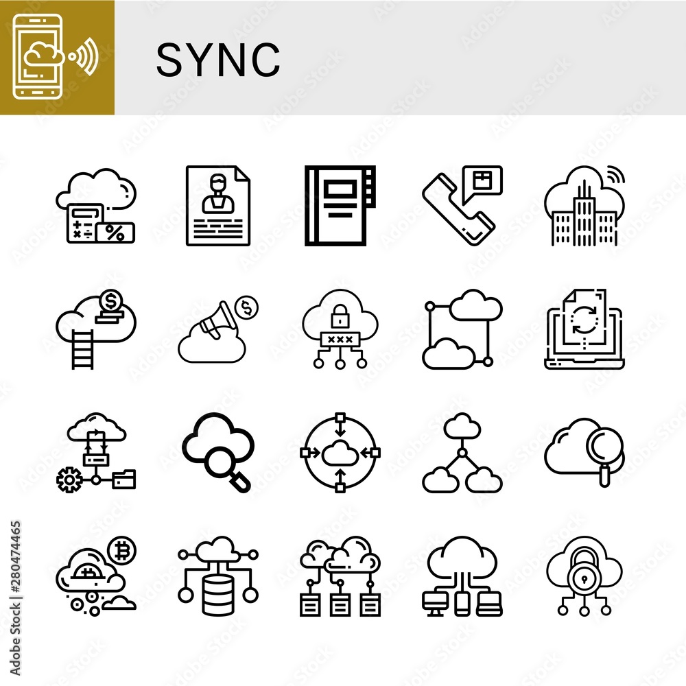 Poster set of sync icons such as cloud computing, cloud, contact, contacts, data synchronization , sync