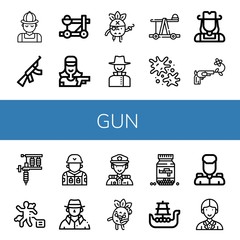 Set of gun icons such as Hunter, Assault rifle, Catapult, Shooter, Pirate, Detective, Paintball, Cowgirl, Gun, Tattoo machine, Crime scene, Soldier, Police, Zombie, Ammo , gun