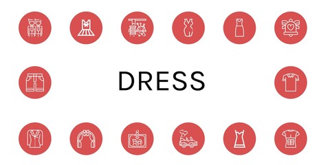 Set of dress icons such as Groom, Dress, Sewing, Wedding bells, Jacket, Wedding arch, Wedding photo, car, Nightgown, T shirt, Shorts, Polo shirt , dress