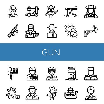 Set Of Gun Icons Such As Hunter, Assault Rifle, Catapult, Shooter, Pirate, Detective, Paintball, Cowgirl, Gun, Tattoo Machine, Crime Scene, Soldier, Police, Zombie, Ammo , Gun