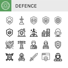 Set of defence icons such as Shield, Sword, Military base, Judge, Stun gun , defence