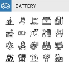 Set of battery icons such as Electric car, Wind energy, Green energy, Wind socket, Battery, Power bank, Solar, Power plant, Solar cell, Atomic energy, Mechanic, Turbo , battery