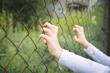 Fototapeta na wymiar The child's hand on a green fence