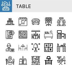 Set of table icons such as Gymnast, Restaurant, Appointment, Sofa, Floor lamp, Meeting, Cabinet, Mixing table, Table, Desk, Reception, lamp, Periodic Salt and pepper ,