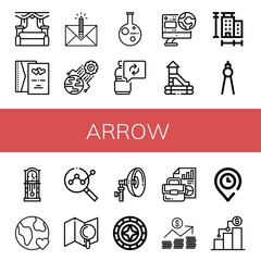Set of arrow icons such as Wedding, Wedding invitation, Envelope, World, Research, Reuse, Slide, Measure, Compass, Clock, Earth, Analytics, Map, Flash, Windrose, Document , arrow