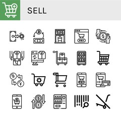 Set of sell icons such as Cart, Exchange, Vending machine, Shopping cart, Transaction, Second hand, Bar code, No trolley , sell
