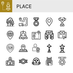 Set of place icons such as Location, Park, Itinerary, Medal, Trophy, Placeholder, Badge, Defibrillator, Gps, Place, Reward, Space needle, Award, Fire hose , place