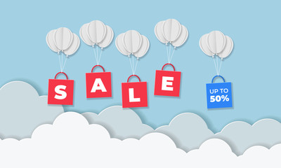 Vector paper cut sale banner. Red and blue shopping bag fly in sky on balloon with sale and discount text on cloud frame. Design element for season sale, promotion, discount, voucher, packet, decor.