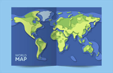 Vector paper earth world map. Modern origami style 3d blue, green, yellow color illustration of planet in card mockup Design element of worldwide for travel, infographic, report, advertisment.