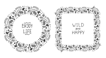 Tropical style frames decorated palm and sea elements