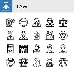 Set of law icons such as Burglar, Accounting, No entry, Lawyer, Judge, Scale, Policeman, Cop, Rules, Jury, No pets, Cigarette, Aguas livres, Prisoner, Officer, No turn right , law