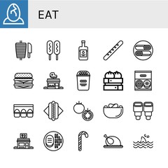 Set of eat icons such as Eggs, Shawarma, Corn dog, Balsamic vinegar, Baguette, Cheeseburger, Butcher shop, Popcorn, Dumpling, Donut, Egg carton, Hot dog, Tomato, Crisps , eat