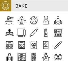 Set of bake icons such as Bagel, Dough, Apron, Chocolate chip, Pizza shop, Rolling pin, Biscuit, Pizza, Donut, Mix, Pretzel, Baguette, Bread, Muffin , bake