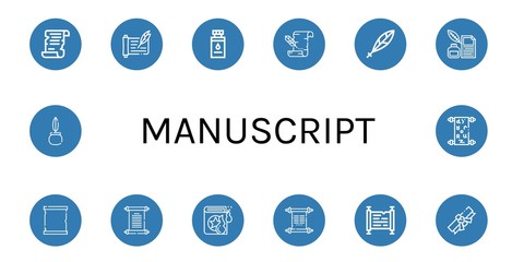 Set of manuscript icons such as Scroll, Ink bottle, Parchment, Quill, Paper scroll, Papyrus, Spell book, Manuscript , manuscript