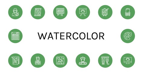 Set of watercolor icons such as Artist, Paint tube, Painting palette, Painting, Canvas, Palette , watercolor