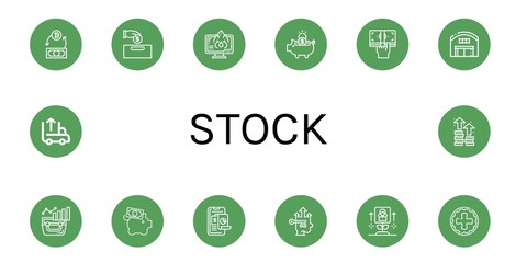 Set of stock icons such as Exchange, Money, Data loss, Piggy bank, Cash, Warehouse, Analysis, Growth, Coin, Unloading , stock