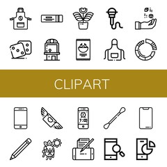 Set of clipart icons such as Apron, Dice, Chewing gum, Claw machine, Flower, Nachos, Microphone, Pie chart, Smartphone, Pencil, Flying, Hot, Cotton swabs , clipart