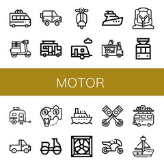 Set of motor icons such as Minivan, Moped, Jeep, Caravan, scooter, Trailer, Yatch, Ice cream truck, Car seat, Tramway, Pickup truck, Hybrid solution, Motorcycle, Boat, Cooling system , motor