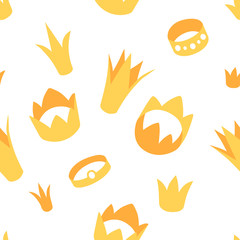 Cartoon style crowns on white background seamless pattern