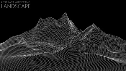 Vector wireframe 3d landscape. Technology grid illustration. Abstract futuristic background. Mountains.