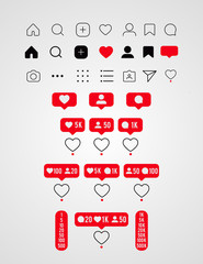 Social media icon set by Instagram. Black and red flat icon. Vector illustration. Like, follower, comment.