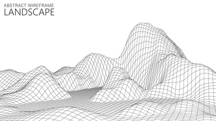 Vector wireframe 3d landscape. Technology grid illustration. Abstract futuristic background. Mountains.