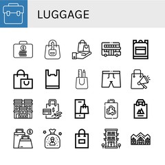 Set of luggage icons such as Bag, Suitcase, Shopping bag, Touristic, School bag, Plastic Trunk, Hotel, Recycled Hotel de glace , luggage