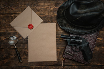 Top secret document paper page template on a wooden table of secret service agent flat lay...