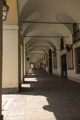 Turin, Piedmont, Italy. June 27, 2019: The famous arcades of the city
