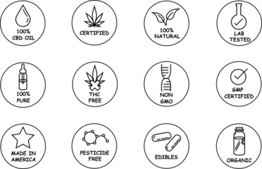 CBD oil vector icon set with labels for thc free, non gmo, organic, oil, 100% natural, and made in America