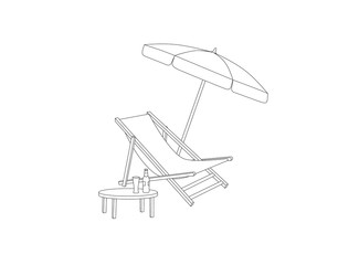 Chaise longue, table, parasol isolated. Deckchair outline drawing. Deck chair, table, parasol- summer sunbath beach resort symbol of the holidays © Terriana