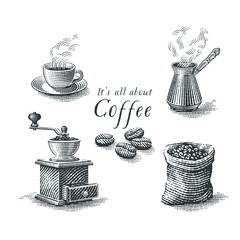 Turkish cezve pot, cup of hot drink, coffee beans, grinder and coffee sack bag. Hand drawn engraving style illustrations.