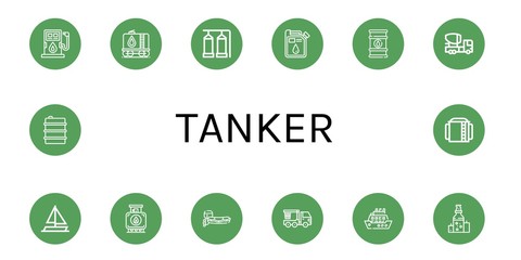Set of tanker icons such as Fuel, Tank, Storage tank, Oil, Oil barrel, Mixer truck, Sailing boat, Motorboat, Crane truck, Cruise , tanker