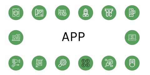 Set of app icons such as Washing machine, Map, Engineer, Filter, Hair dryer, Signage, Search, Pound, Mouse, Laptop, Web design , app