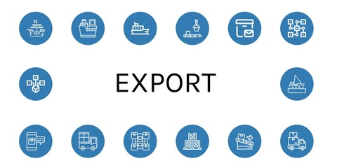 Set of export icons such as Ship, Shipping, Conveyor, Postal delivery, Distributed, Package, Delivery, Logistics, Boxes , export