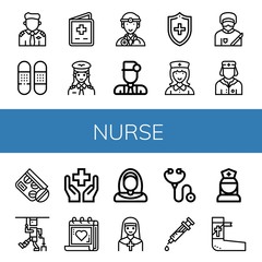 Set of nurse icons such as Pilot, Bandage, Vaccination, Doctor, Medical, Nurse, Surgeon, Medicine, Injury, Health, Medical appointment, Nun, Stethoscope, Syringe , nurse