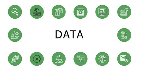 Set of data icons such as Cloud, Programming, Compressed file, Compact disc, Vector, Demographic, Optimization, Cd, Server, Web coding, Dashboard, Connection error, Research , data