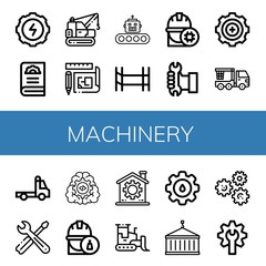 Set of machinery icons such as Gear, Machinery, Blueprint, Production, Scaffolding, Engineer, Worker, Crane truck, Tow truck, Tools, Bulldozer, Cogwheel, Crane, Gears , machinery
