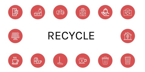 Set of recycle icons such as Bin, Plastic bottle, Garbage truck, Reuse, Handle with care, Ecosystem, Cup, Coffee cup, Mop, Trash bin, Paper cup, Renewable energy, Eco , recycle