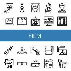 Set of film icons such as Projector, Picture, Tripod, Clapperboard, Studio, Photographer, Sound editing, Stage, Action camera, Easel, Production, d glasses, Image, Film , film