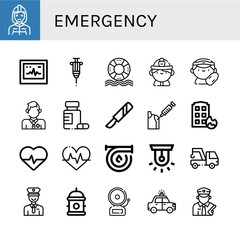 Set of emergency icons such as Firefighter, Ecg, Vaccine, Life saver, Lifeguard, Medicine, Scalpel, House on fire, Cardiology, Heartbeat, Hose, Siren, Tow, Policeman , emergency