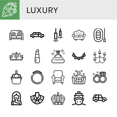 Set of luxury icons such as Artificial heart, Sofa, Limousine, Ceiling lamp, Boat, Crown, Lipstick, Diamond ring, Necklace, Chandelier, Ice bucket, Bracelet, Armchair , luxury