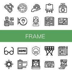 Set of frame icons such as Glasses, Photographer, Boat porthole, Signboard, Rainbow, Gothic, Easel, Photo album, Instant camera, Scrapbook, Mirror, Doormat, Film roll , frame