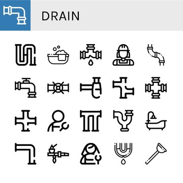 Set of drain icons such as Pipe, Piping, Bathtube, Leak, Plumber, Siphon, Bathtub, Plunger , drain