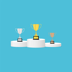 White winners podium with winners cup. Pedestal. Vector illustration
